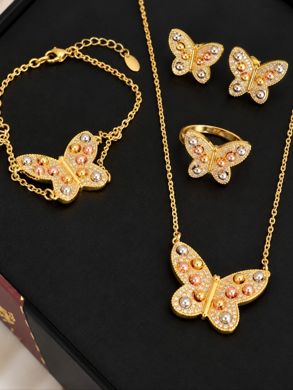 22kgp Elegant TriColor 4pc Butterfly Jewelry Set